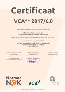 Bakker Waterwerken is sinds begin januari 2024 VCA** gecertificeerd